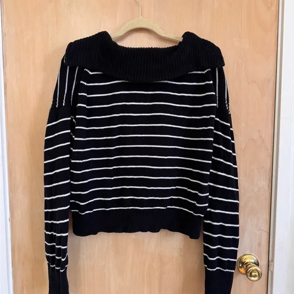La Ligne Striped Half-Zip Cotton Cropped Sweater in Black/White - Size Medium - Picture 4 of 6